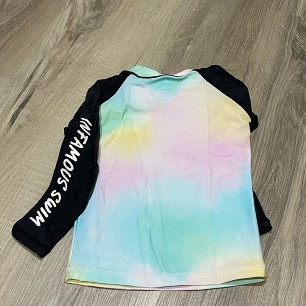 Infamous mini swim rash guard shirt size 0 Tie-dye design with black sleeves NWT